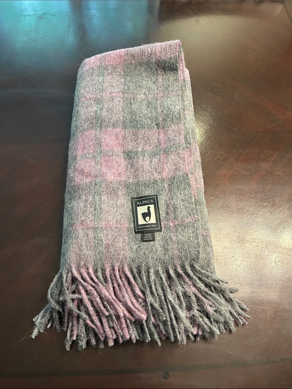 Pink and Gray Plaid Alpaca Blend Throw blanket